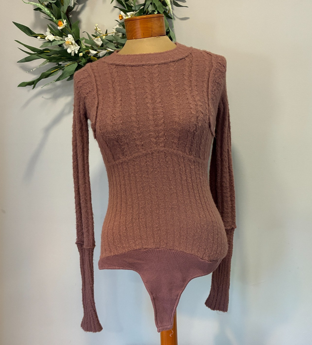 Intimately Free People Cable Knit Fuzzy Bodysuit Brown Boho Y2K Soft, Size S
